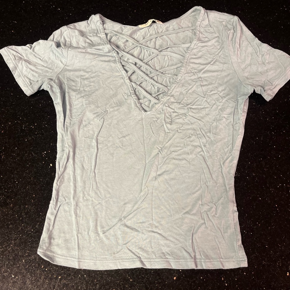 Bear Dance Light Blue Crisscross V-Neck Crop Top